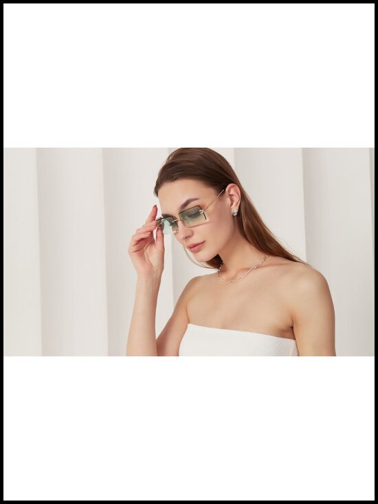Retro Rimless Rectangle Sunglasses Gold Metal Tinted Lens UV400 Protection main image 5
